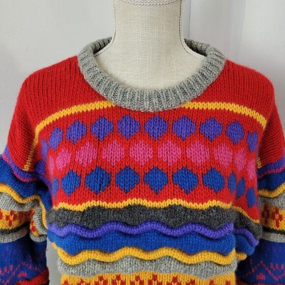 Vintage Wool Sweater Womens Large Striped Knitted By Hand Cosby Crescendo 90s - Picture 2 of 16